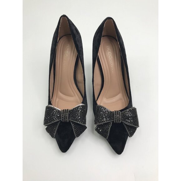 BCBGeneration Womens Bissha Rhinestone Bow Velvet Pumps 3.5 Heel Black 5.5 NWOB - Picture 2 of 7